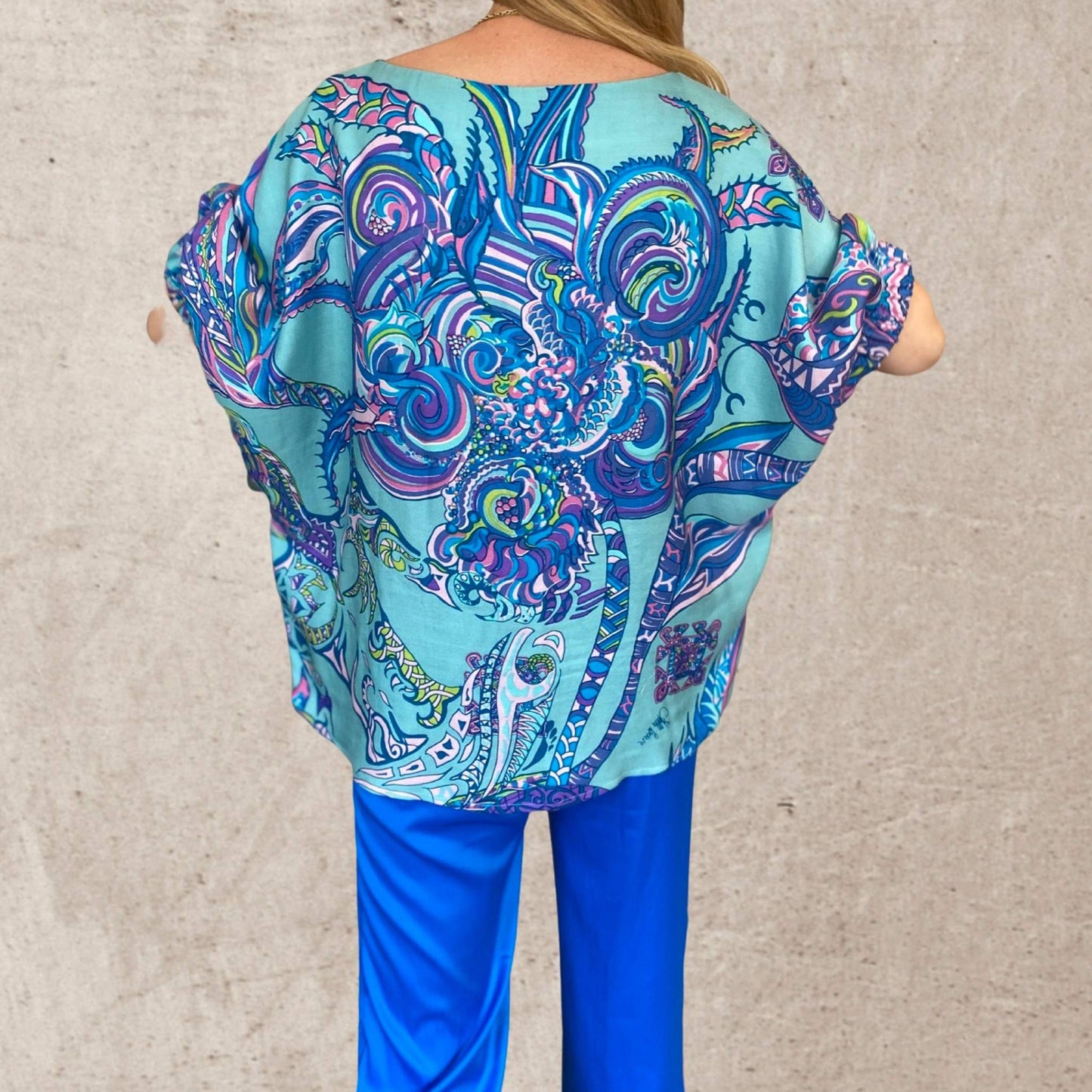 SOUL FLOWERS Seidenbluse mit Fledermausärmeln, Türkis, limited