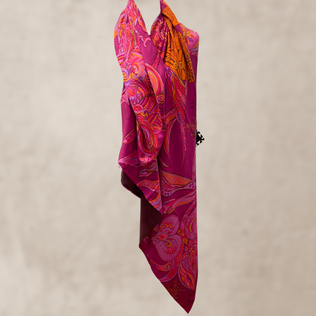 “BONDED IN GARDEN EDEN” Kaschmir & Seiden-Carée-Tuch, Doubleface, Plum & blue & orange, Limitiert #3