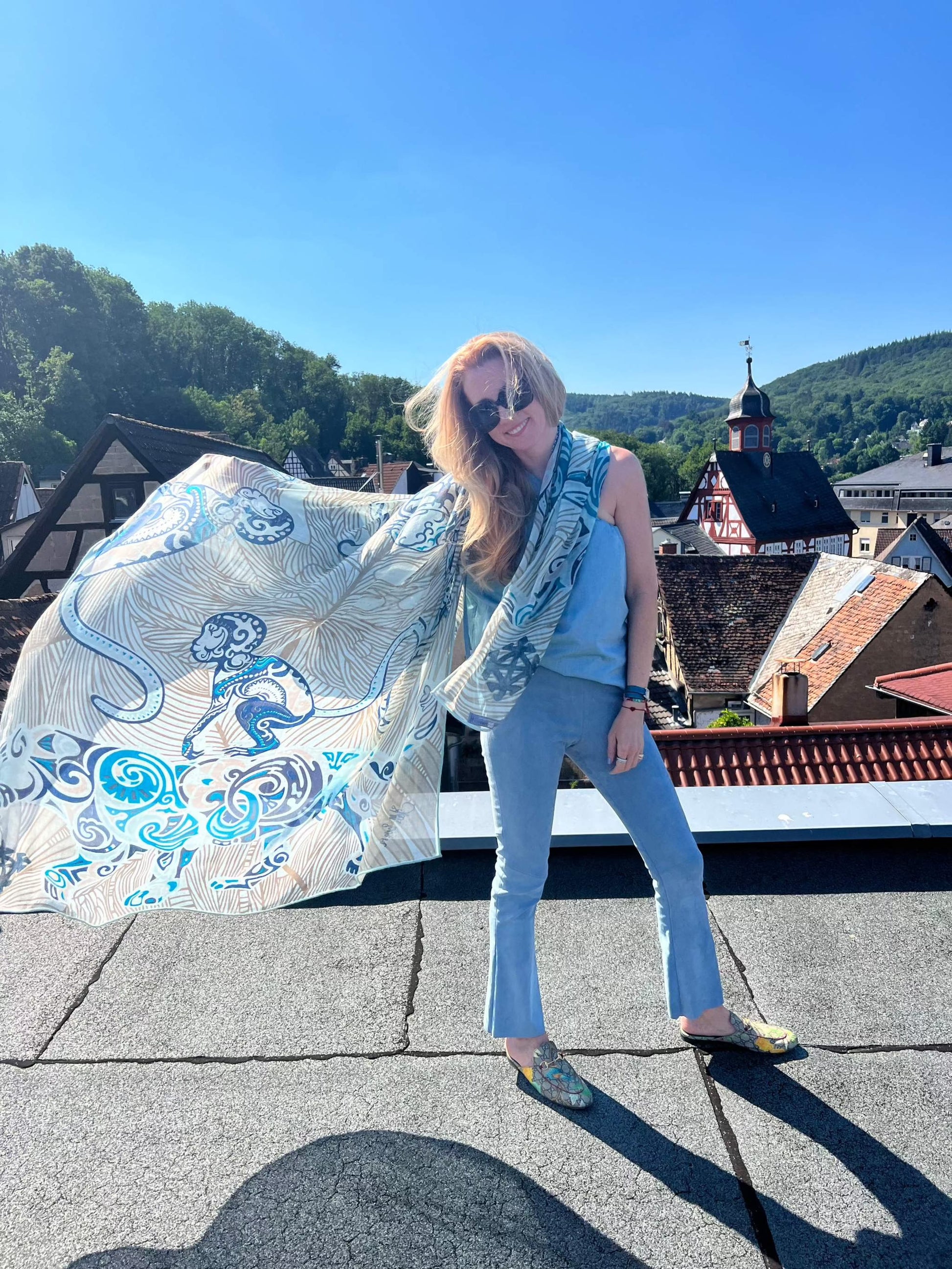 Lederhose mit Schlag, Stretch-Lammleder, Farbe: Celeste, MaßkonfektionLederhose mit Schlag, Stretch-Lammleder, Farbe: Celeste, Maßkonfektion