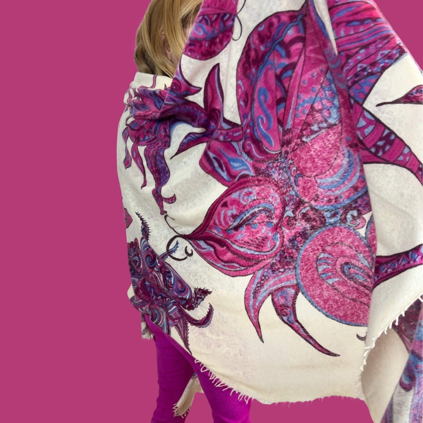 SOUL FLOWERS Changra Kaschmir Stola, pink & blau auf weiß