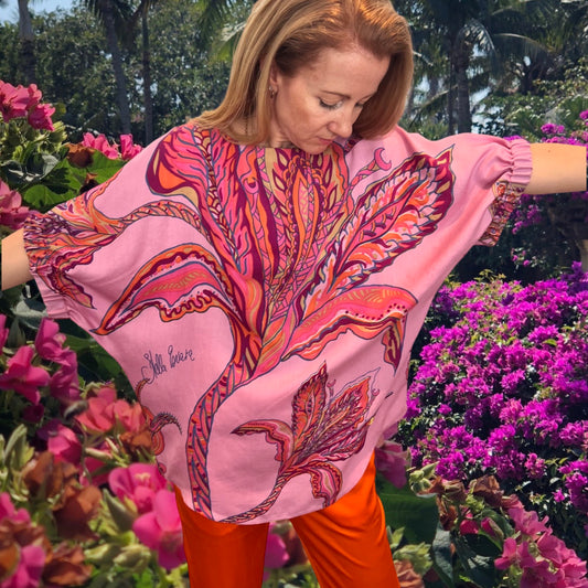 SOUL FLOWERS Seidenbluse mit Fledermausärmeln, pink & orange, limited