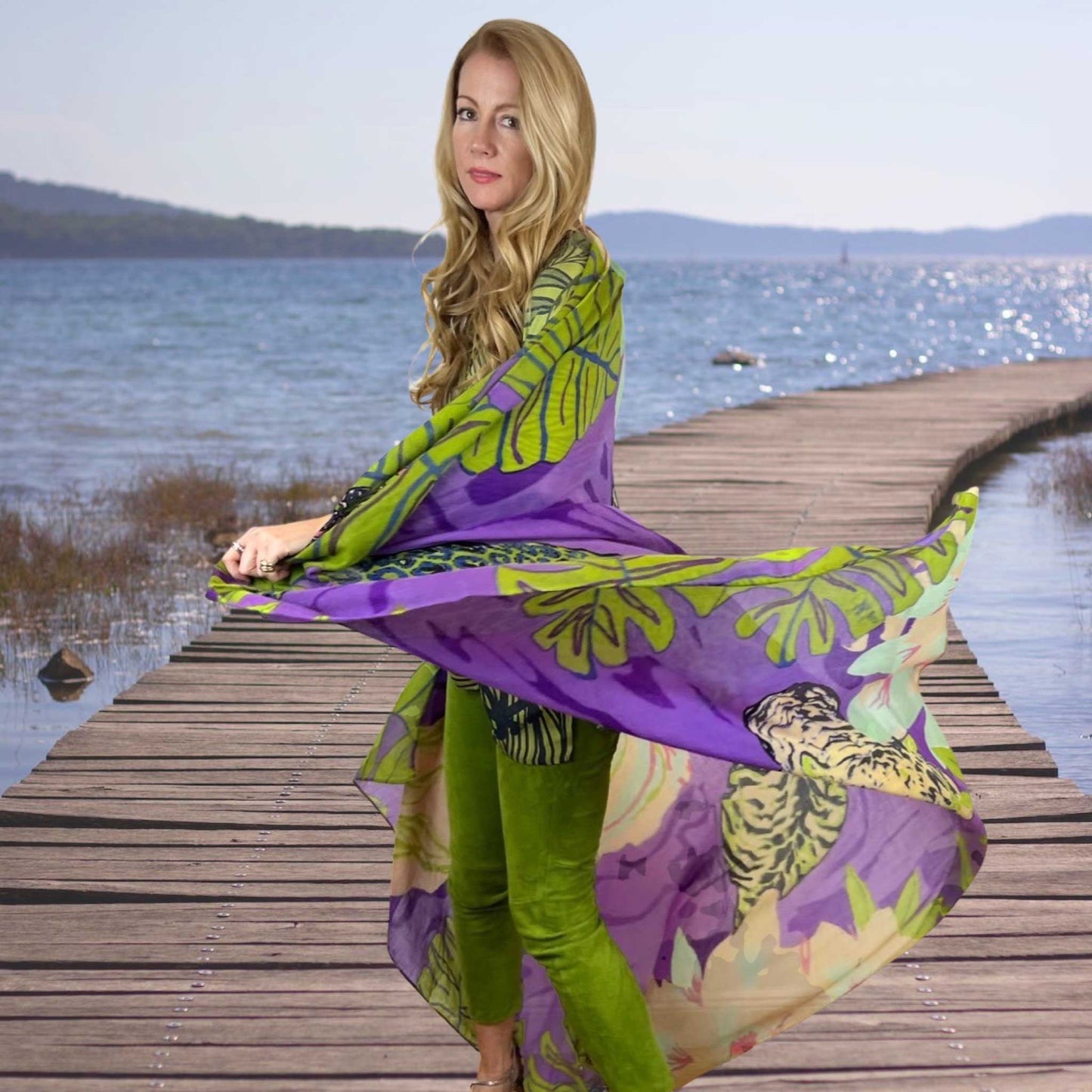 Schal XL, Kaschmir TIGER POND - United in diversity, purple & green, Limited Edition