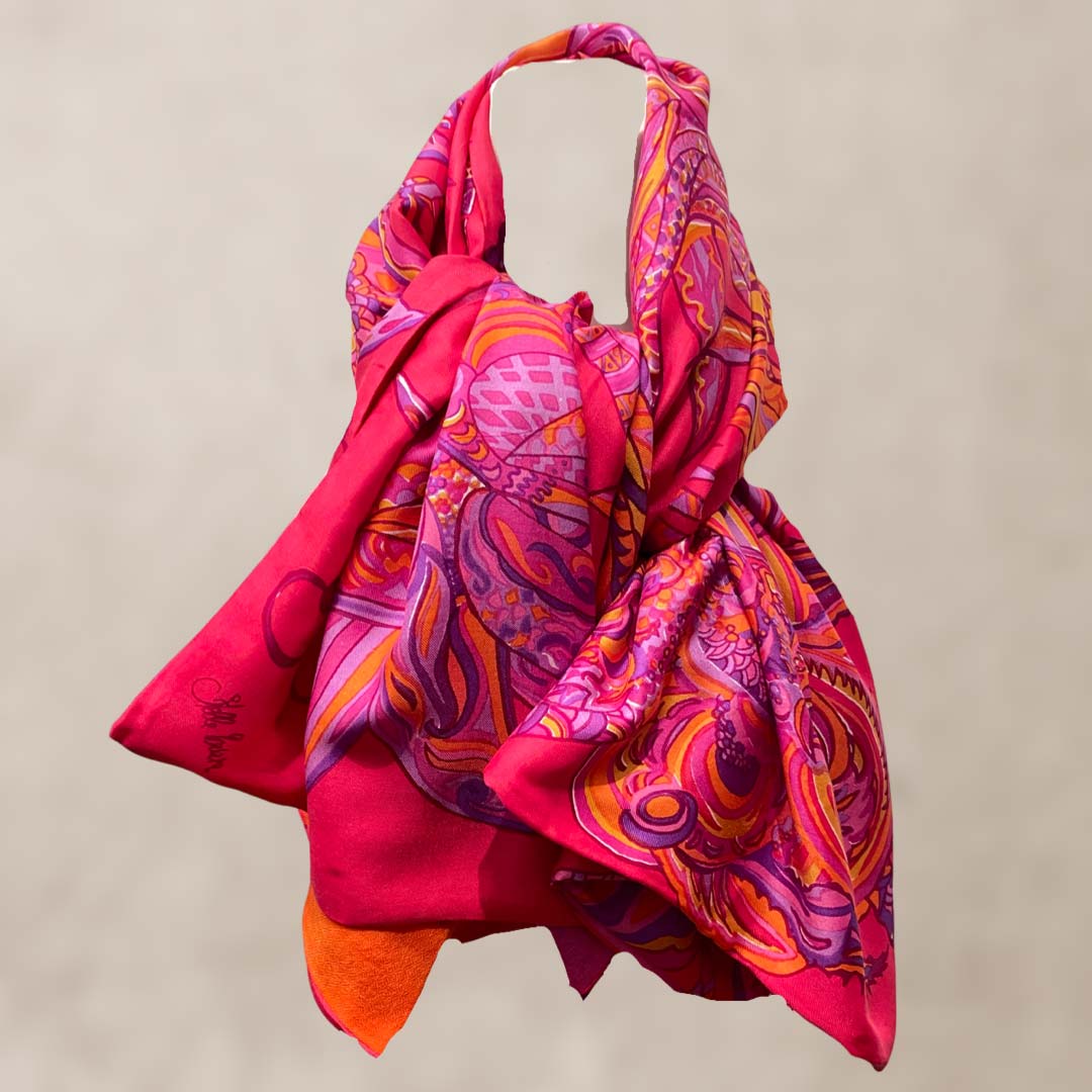 Carré Tuch BONDED IN GARDEN EDEN, zweilagig, Doubleface, Kaschmir & Seide, Himbeere, LIMITED2/3