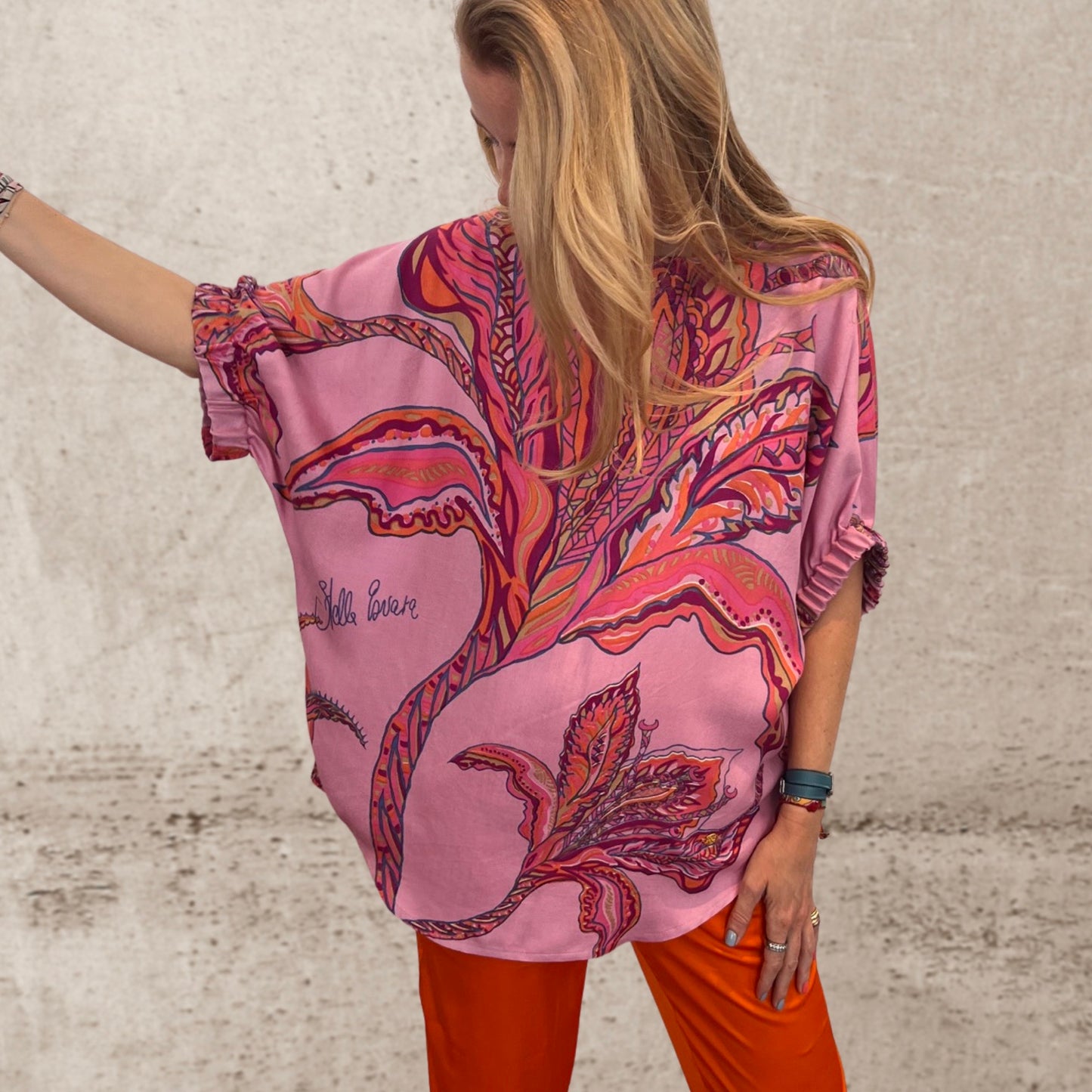 SOUL FLOWERS Seidenbluse mit Fledermausärmeln, pink & orange, limited