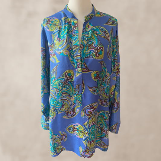 MAORI TURTLES Seidenbluse, gruen & blau, limited