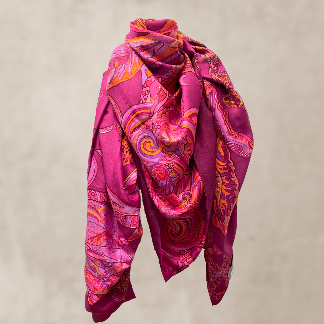“BONDED IN GARDEN EDEN” Kaschmir & Seiden-Carée-Tuch, Doubleface, Plum & blue & orange, Limitiert #3