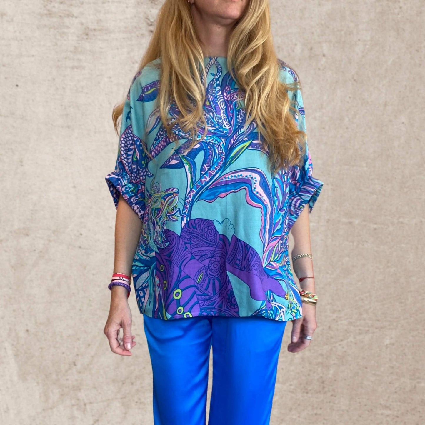 SOUL FLOWERS Seidenbluse mit Fledermausärmeln, Türkis, limited