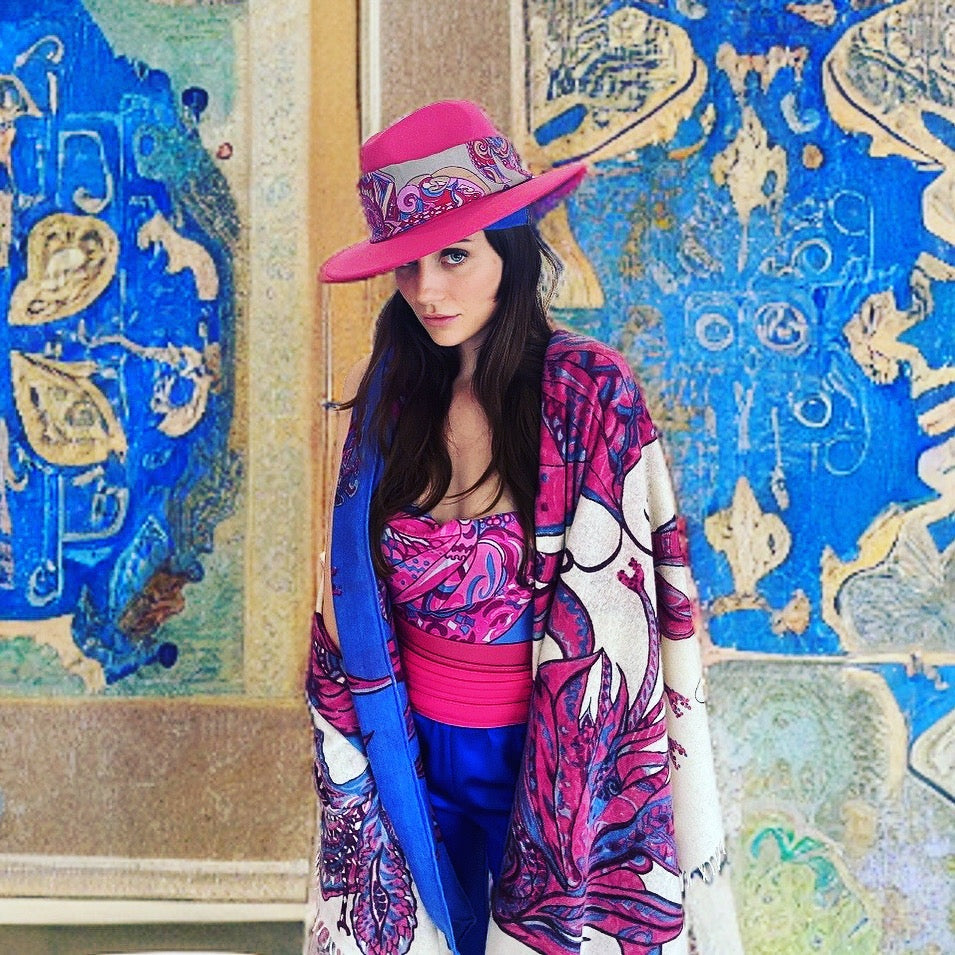 SOUL FLOWERS Changra Kaschmir Stola, pink & blau auf weiß