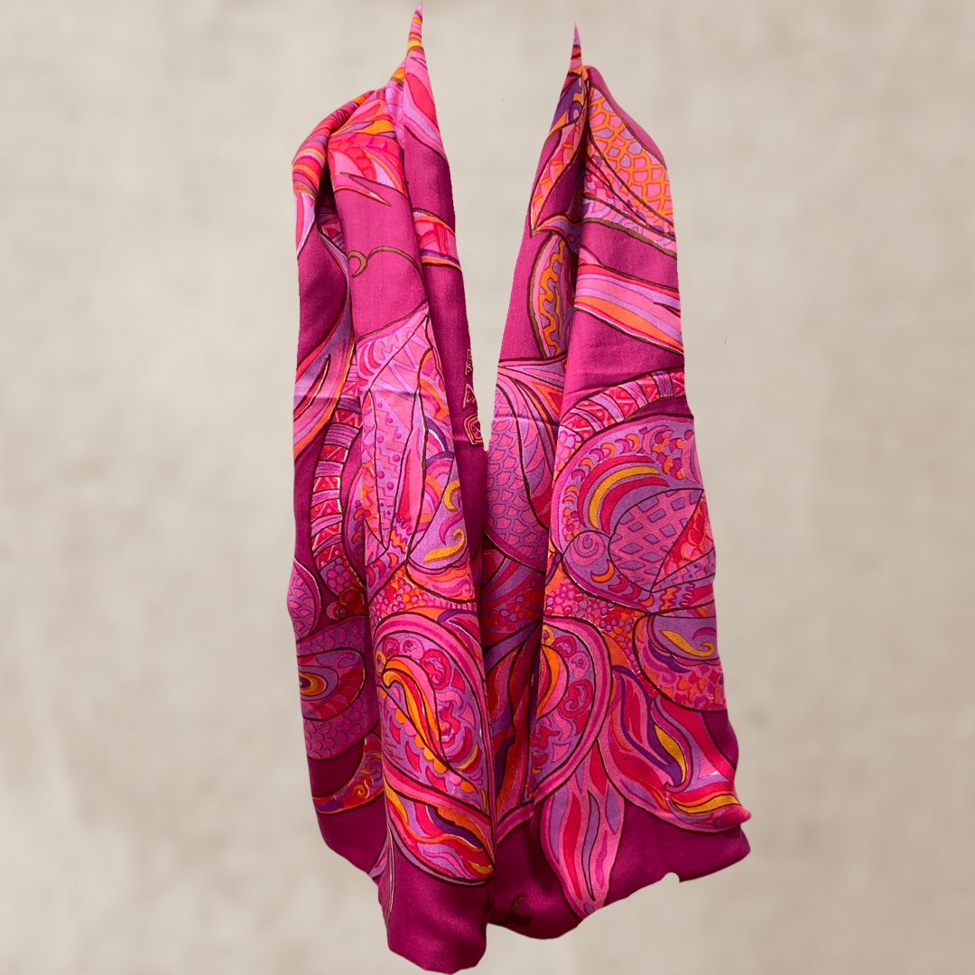 “BONDED IN GARDEN EDEN” Kaschmir & Seiden-Carée-Tuch, Doubleface, Plum & blue & orange, Limitiert #3