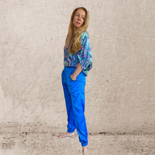 SOUL FLOWERS Seidenbluse mit Fledermausärmeln, Türkis, limited