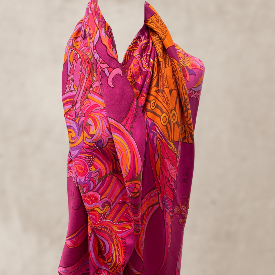 “BONDED IN GARDEN EDEN” Kaschmir & Seiden-Carée-Tuch, Doubleface, Plum & blue & orange, Limitiert #3