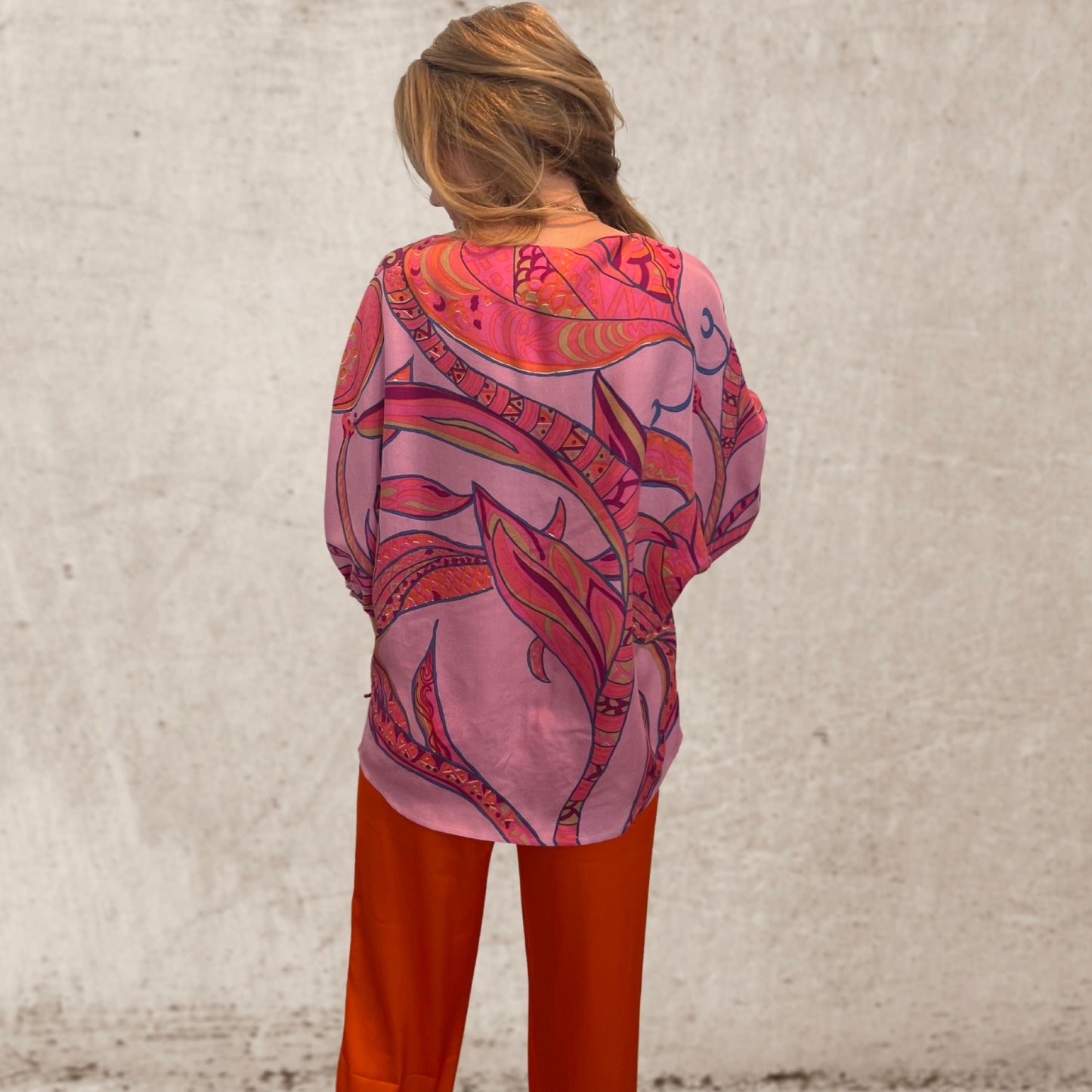 SOUL FLOWERS Seidenbluse mit Fledermausärmeln, pink & orange, limited