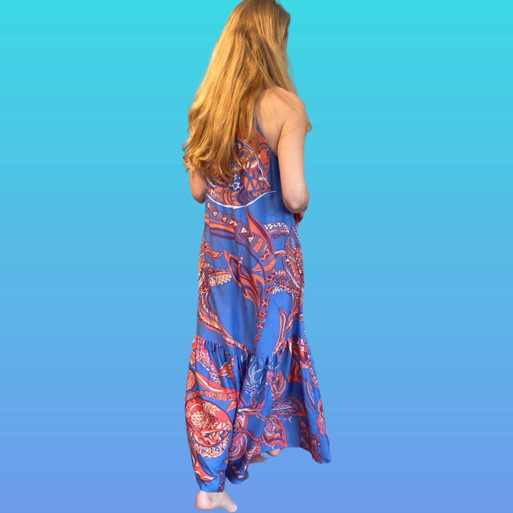 Maxi Kleid SOUL FLOWERS, 100 % handgewobene Seide, blau&orange, Unikat