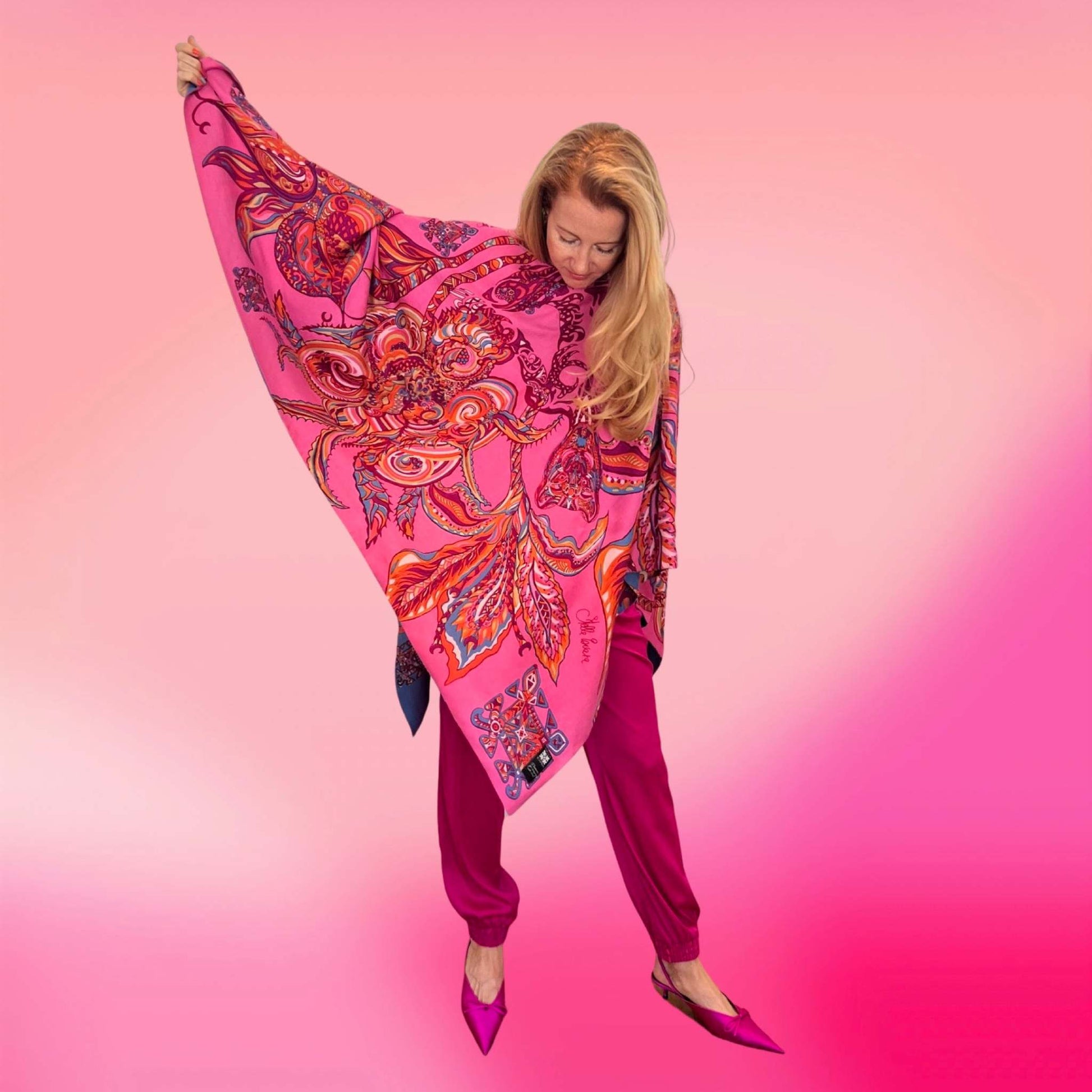 BONDED IN GARDEN EDEN Seiden-Poncho, Doubleface, Blau & Pink, Unikat