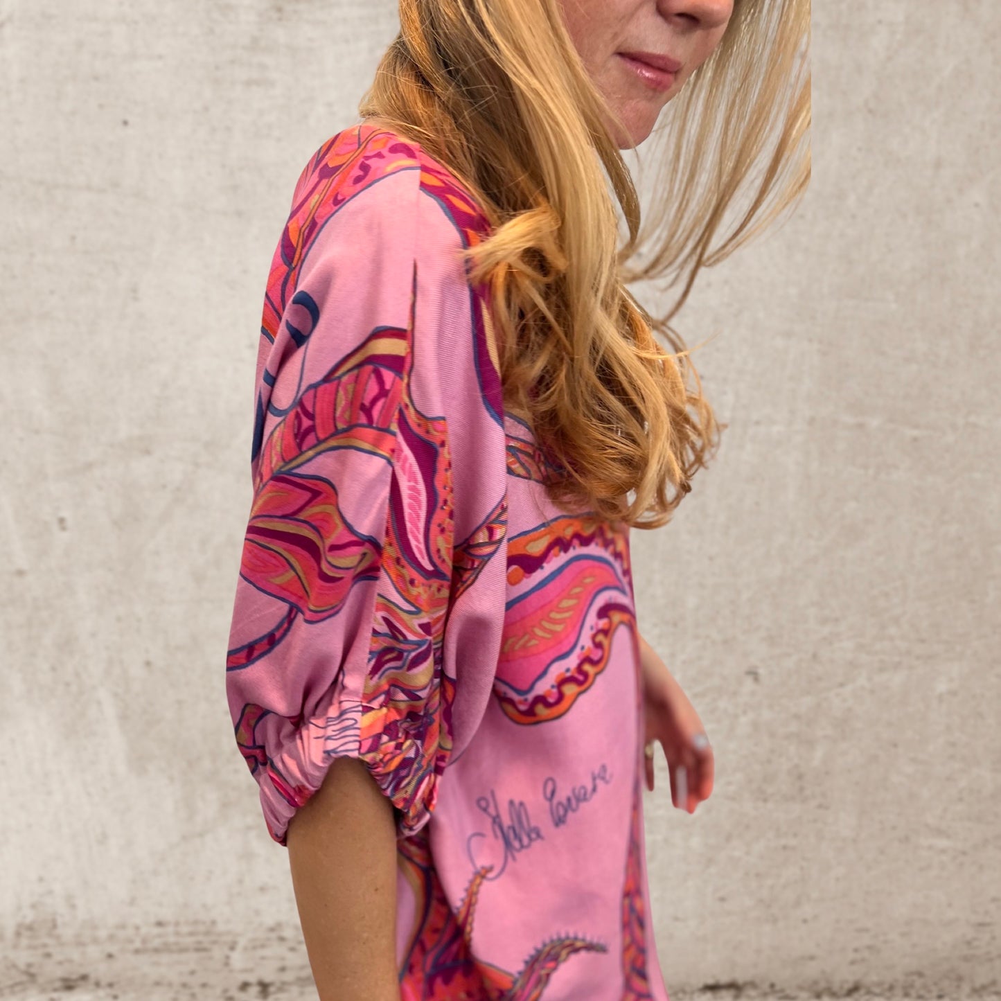 SOUL FLOWERS Seidenbluse mit Fledermausärmeln, pink & orange, limited