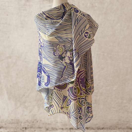 Cashmere stole - CAPE - JUNGLE LOVE handmade 200x140 limited to 5 pieces! Blue-black-white