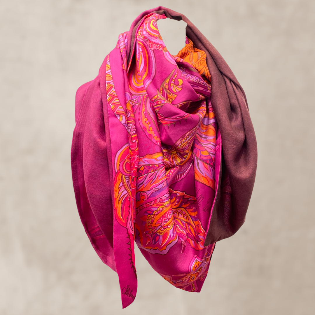 “BONDED IN GARDEN EDEN” Kaschmir & Seiden-Carée-Tuch, Doubleface, Plum & blue & orange, Limitiert #3