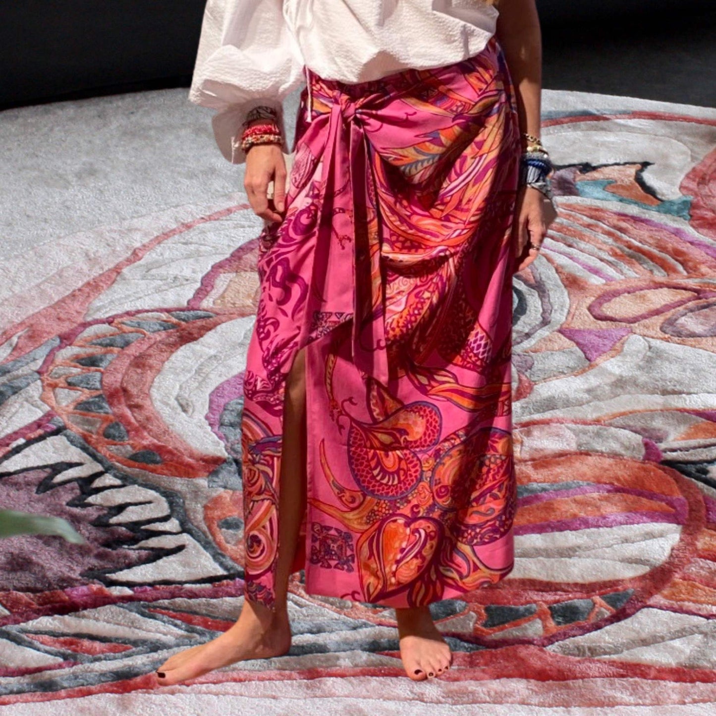 Rock BONDED IN GARDEN EDEN, Sarong/Wickeloptik, pink&rot, Seide Unikat