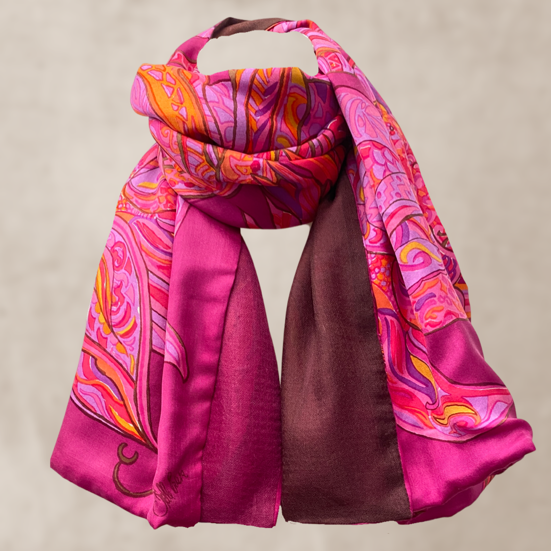 “BONDED IN GARDEN EDEN” Kaschmir & Seiden-Carée-Tuch, Doubleface, Plum & blue & orange, Limitiert #3