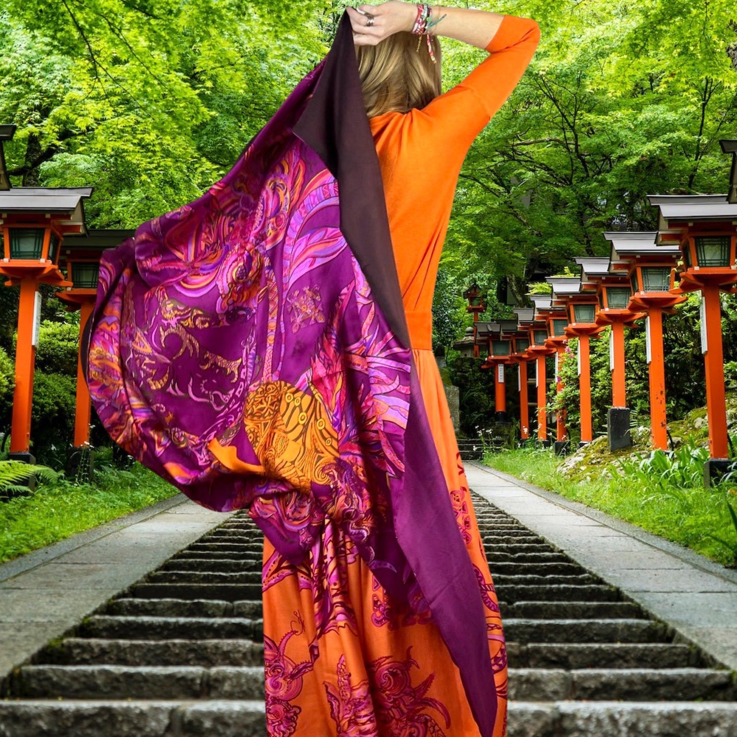 “BONDED IN GARDEN EDEN” Kaschmir & Seiden-Carée-Tuch, Doubleface, Plum & blue & orange, Limitiert #3