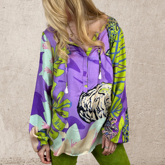 TIGER POND Seidentunika, grün & lila & blau, limited