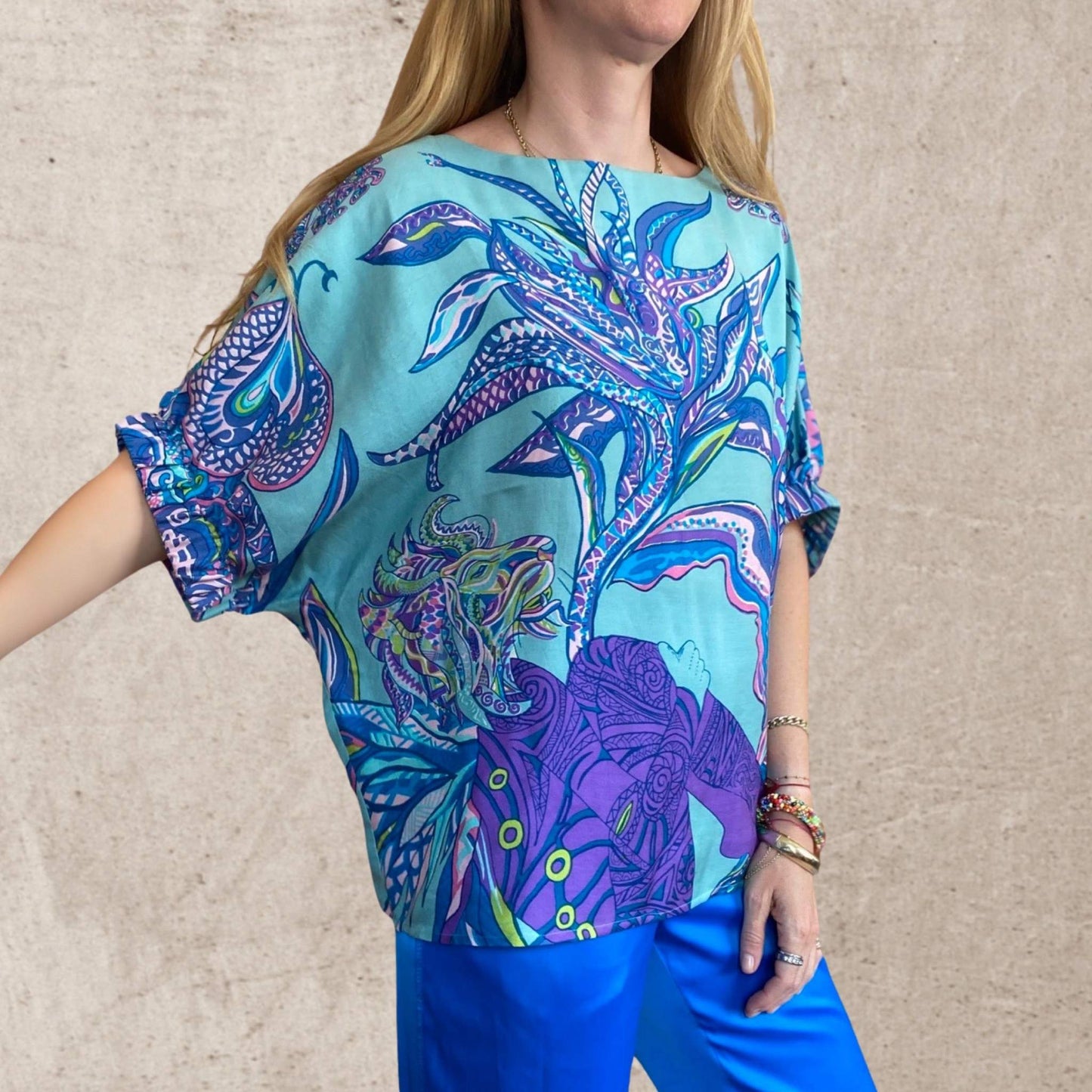 SOUL FLOWERS Seidenbluse mit Fledermausärmeln, Türkis, limited