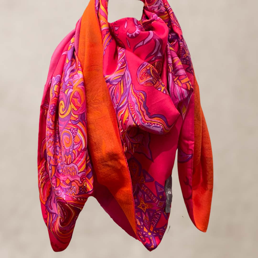 Carré Tuch BONDED IN GARDEN EDEN, zweilagig, Doubleface, Kaschmir & Seide, Himbeere, LIMITED2/3