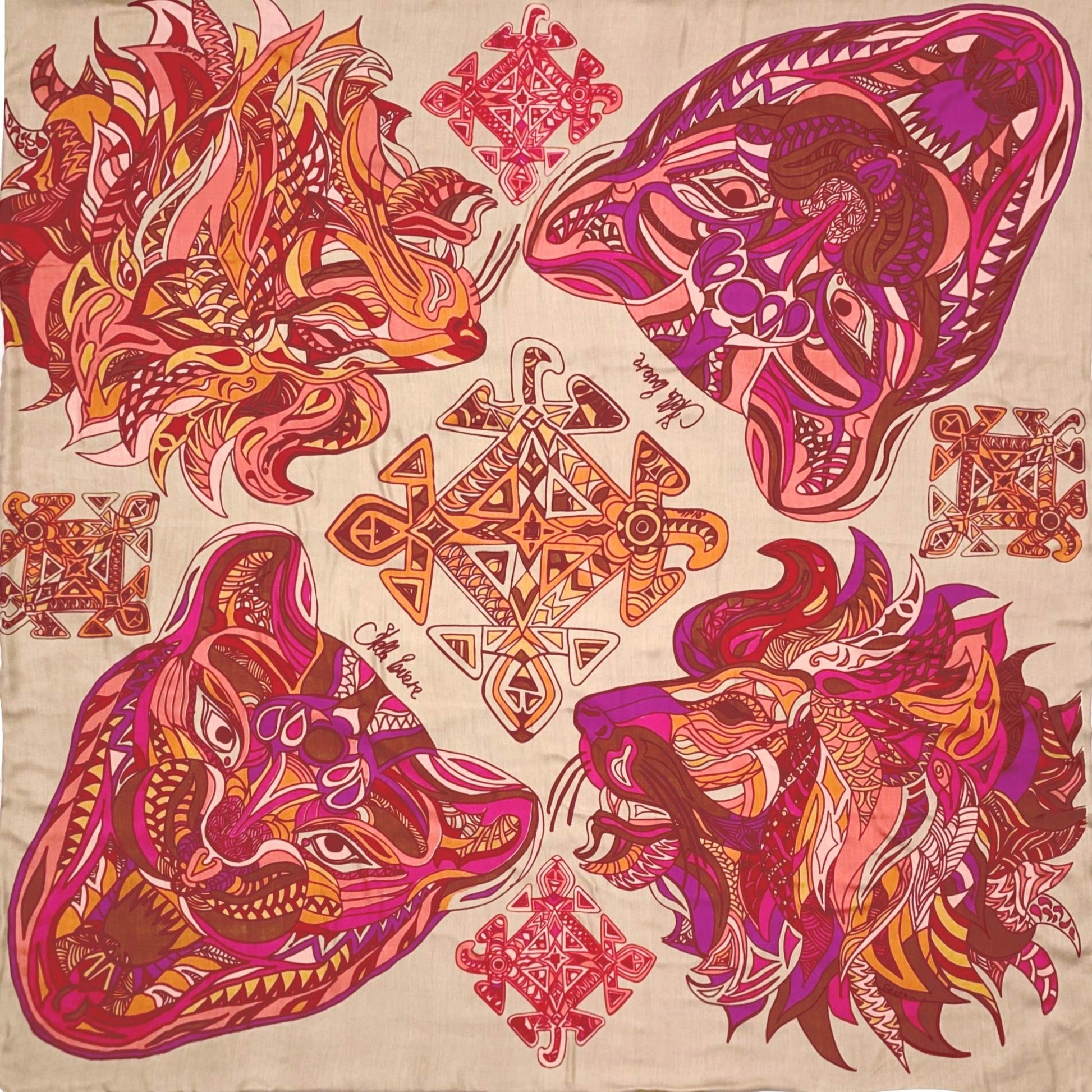 WILD LIFE Kaschmir Carre Tuch, Doubleface, beige & pink orange, limitiert 4/5