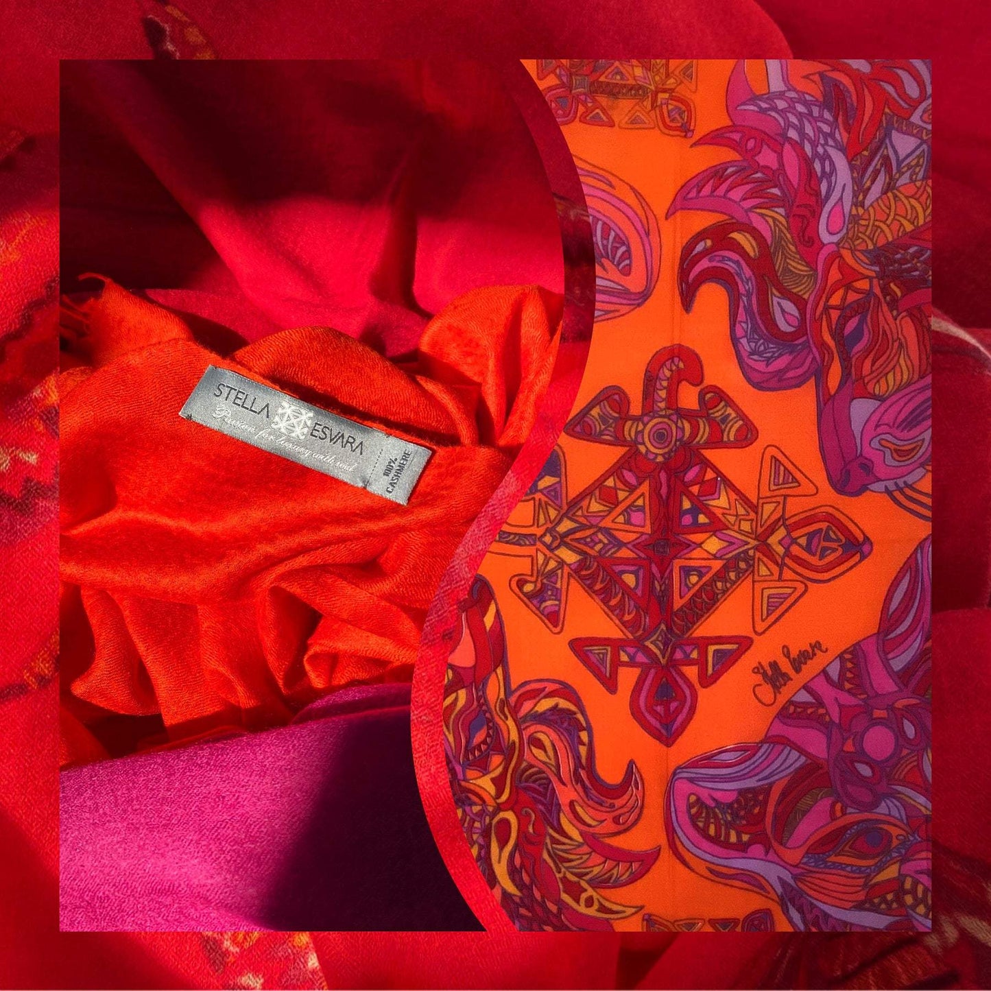 WILD LIFE Kaschmir /Seide Carre Tuch, Doubleface, rot & pink orange, limitiert 3/3