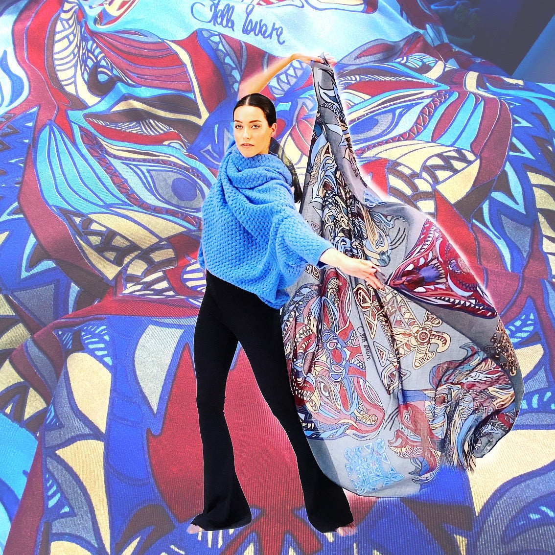 Tuch WILD LIFE, Kaschmir, 150x150cm, Handgewebt, blau-beige, limitiert