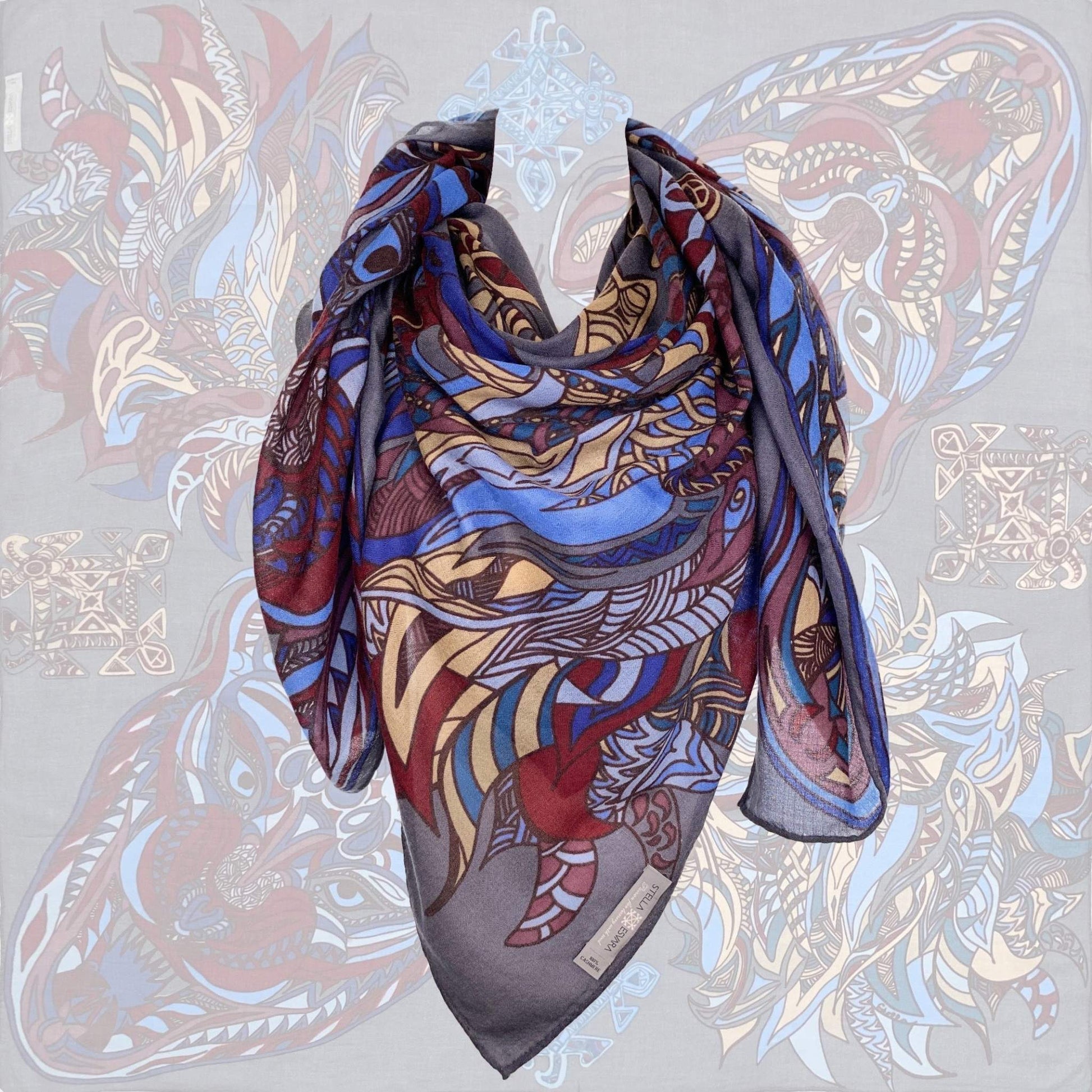 Tuch WILD LIFE, Kaschmir, 150x150cm, Handgewebt, blau-beige, limitiert