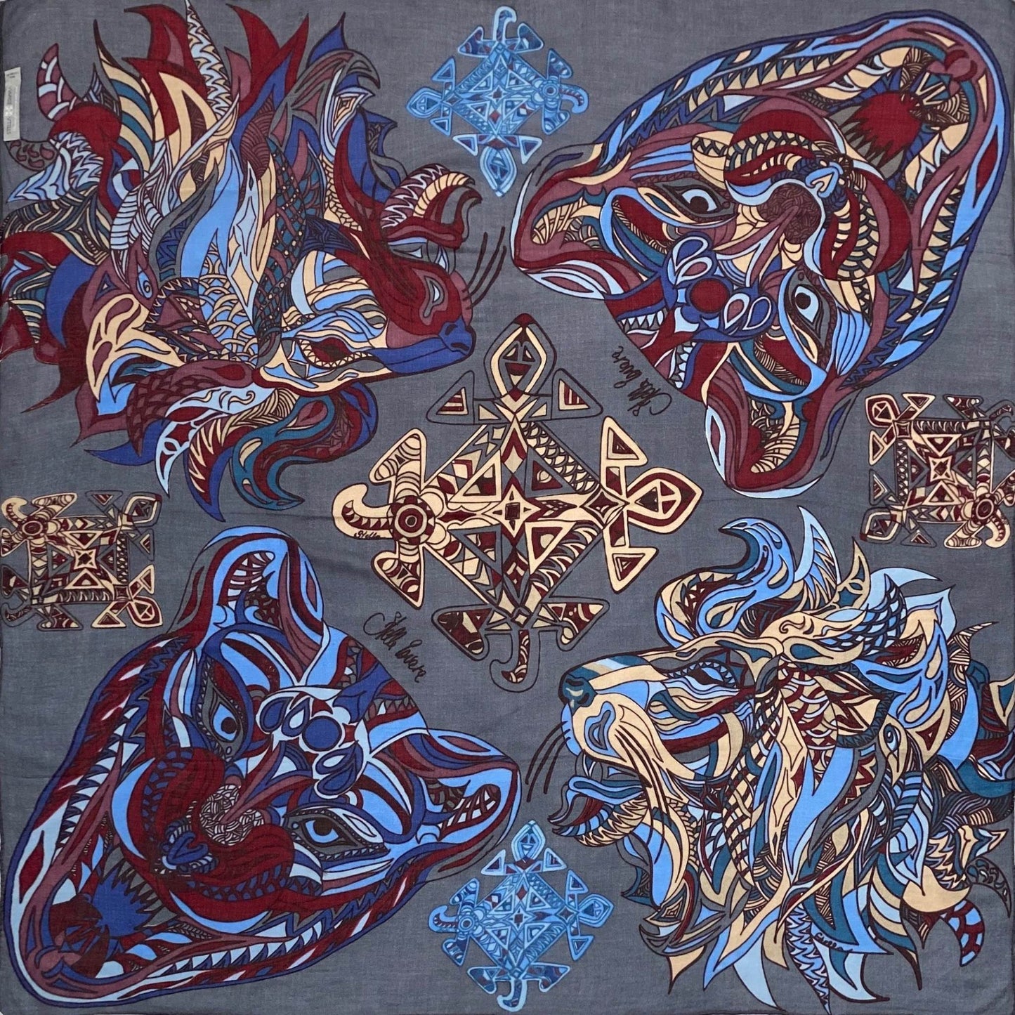 Tuch WILD LIFE, Kaschmir, 150x150cm, Handgewebt, blau-beige, limitiert