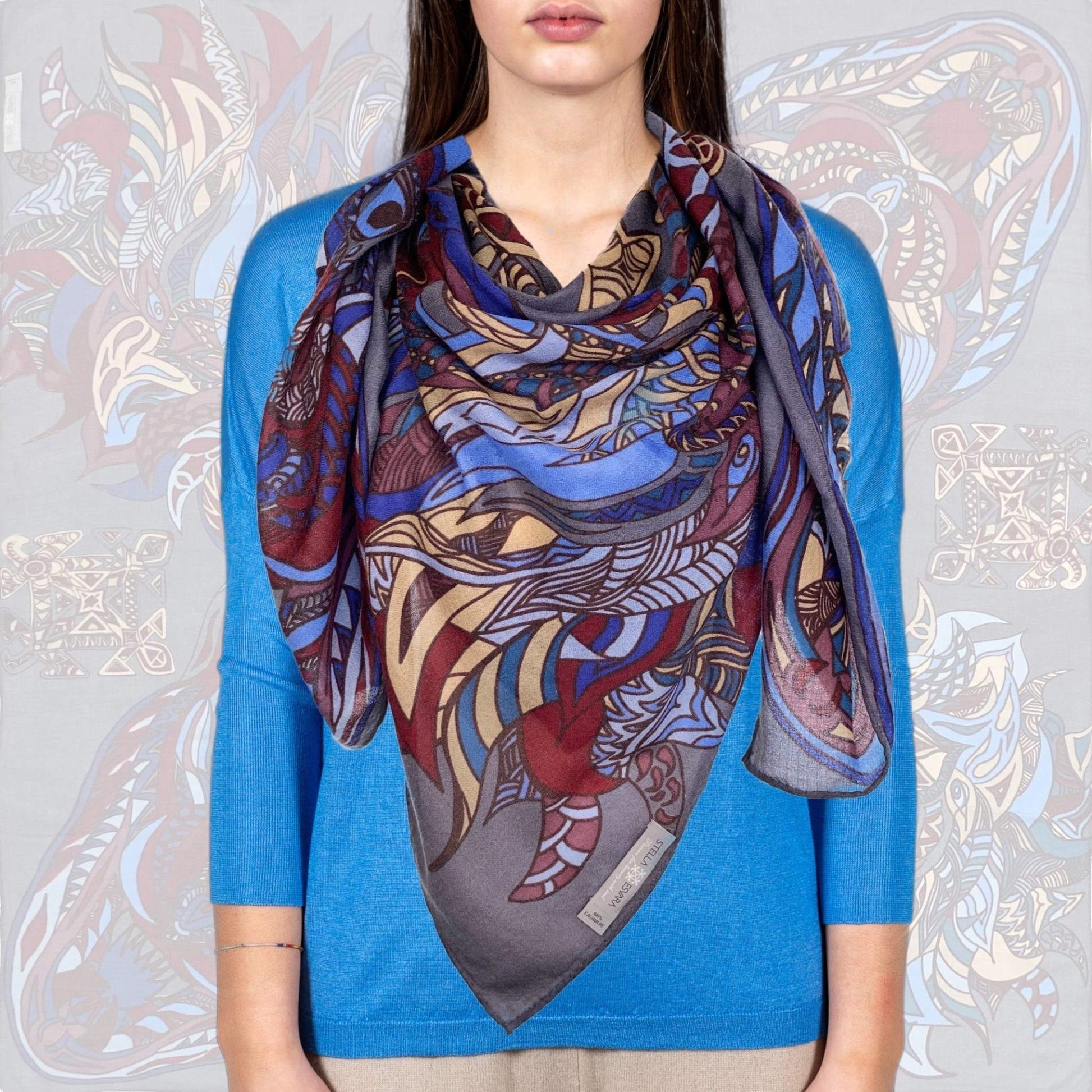 Tuch WILD LIFE, Kaschmir, 150x150cm, Handgewebt, blau-beige, limitiert