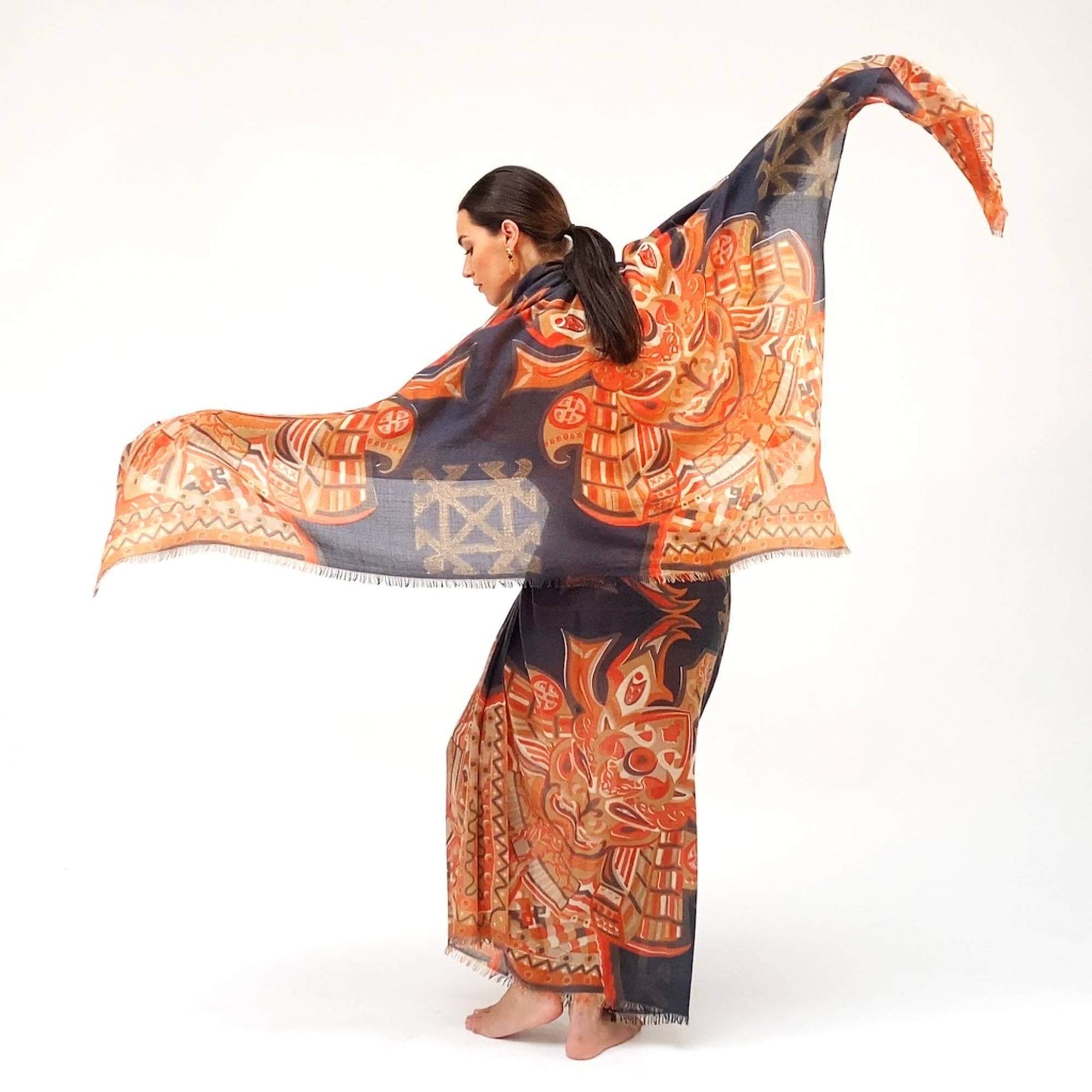 Tuch 4 ORANGE SAMURAI, Kaschmir Carré, XL, Limited Edition auf 5 Stück