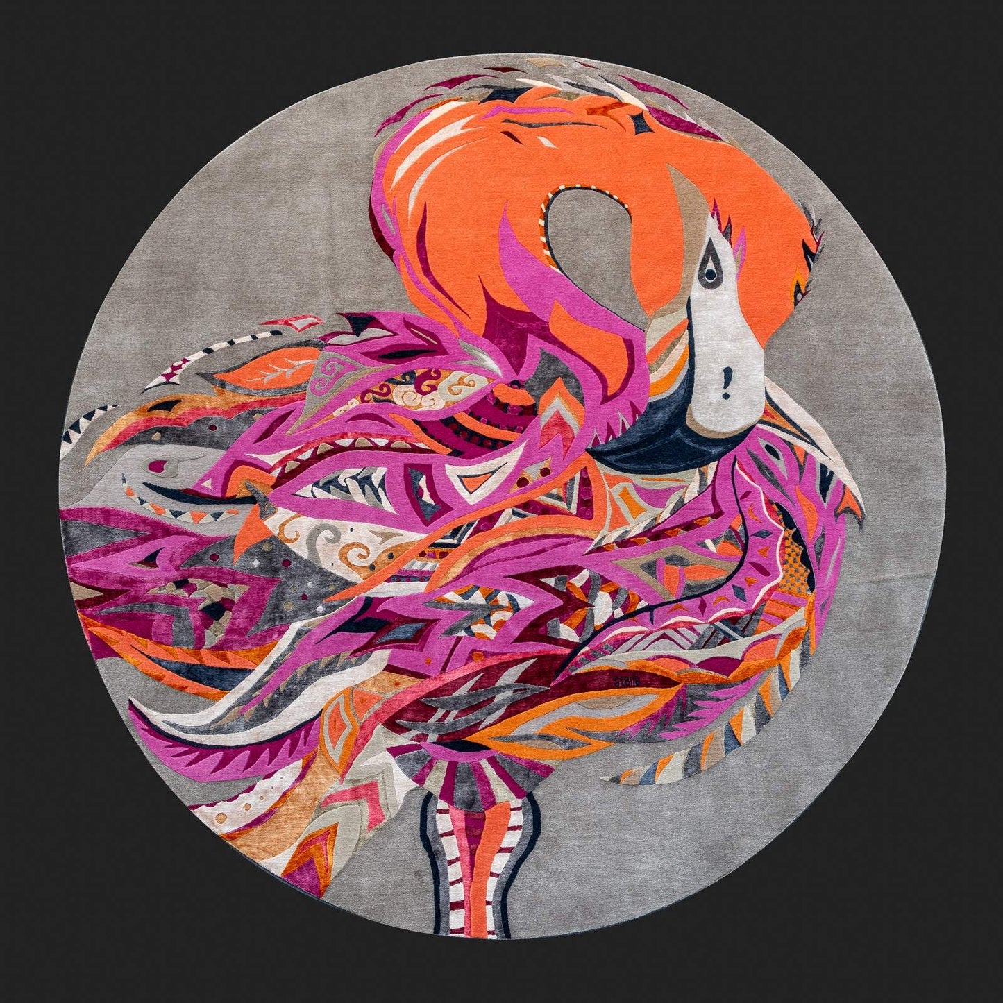 Teppich Kunst Unikat FIRE FLAMINGO, 260x260 cm, Knüpfzeit ca. 270 Tage