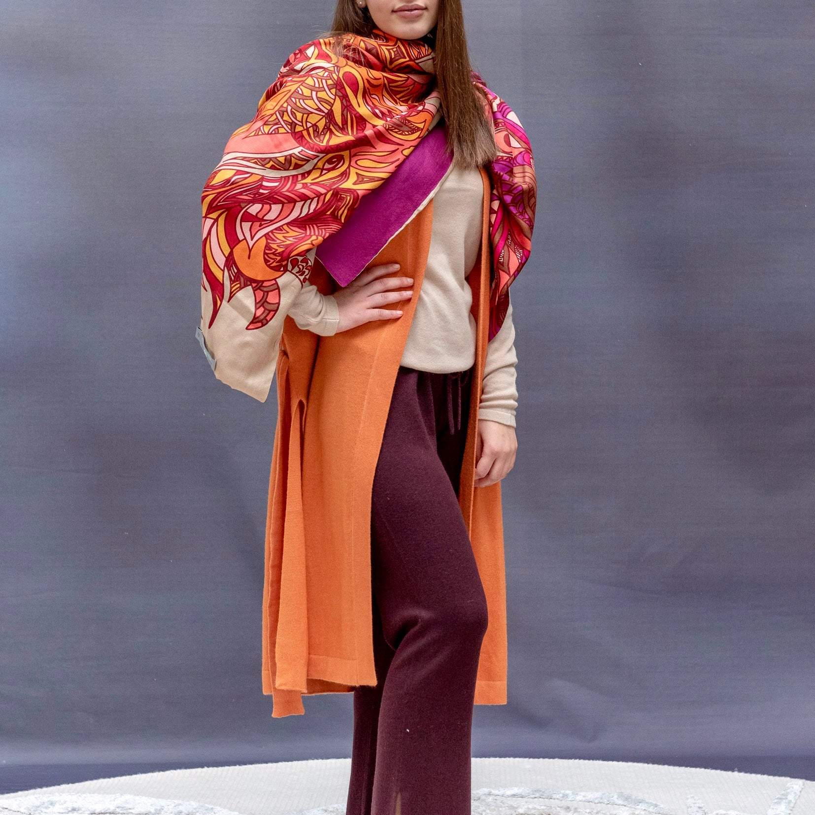 WILD LIFE Kaschmir Carre Tuch, Doubleface, beige & pink orange, limitiert 4/5