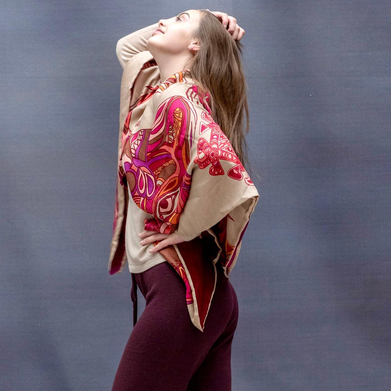 WILD LIFE Kaschmir Carre Tuch, Doubleface, beige & pink orange, limitiert 4/5