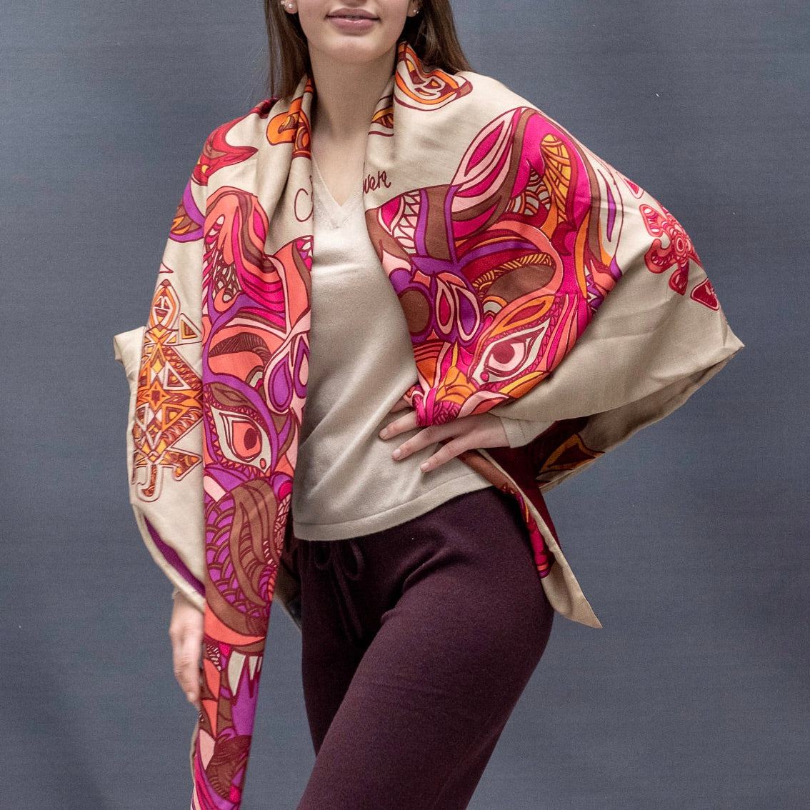 WILD LIFE Kaschmir Carre Tuch, Doubleface, beige & pink orange, limitiert 4/5