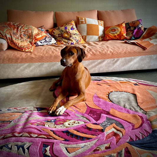 Teppich Kunst Unikat FIRE FLAMINGO, 260x260 cm, Knüpfzeit ca. 270 Tage