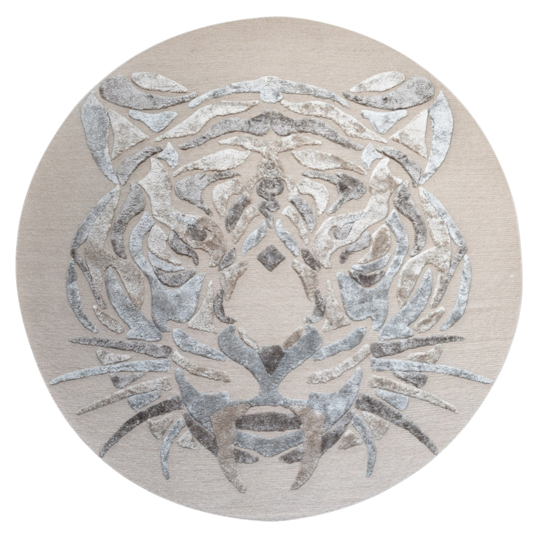 SNOW TIGER - Art Rug - Unique - Designer Rug - Hand-knotted in Nepal - 260 x 260 - off white and taupe Tibetan wool & silk