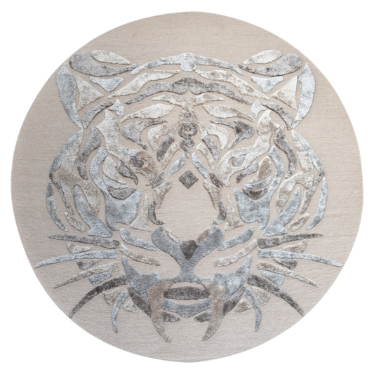 SNOW TIGER - Teppich Kunst - Unikat - Designer Rug-Handgeknüpft in Nepal - 260 x 260 - off white and Taupe Tibet Wolle & Seide