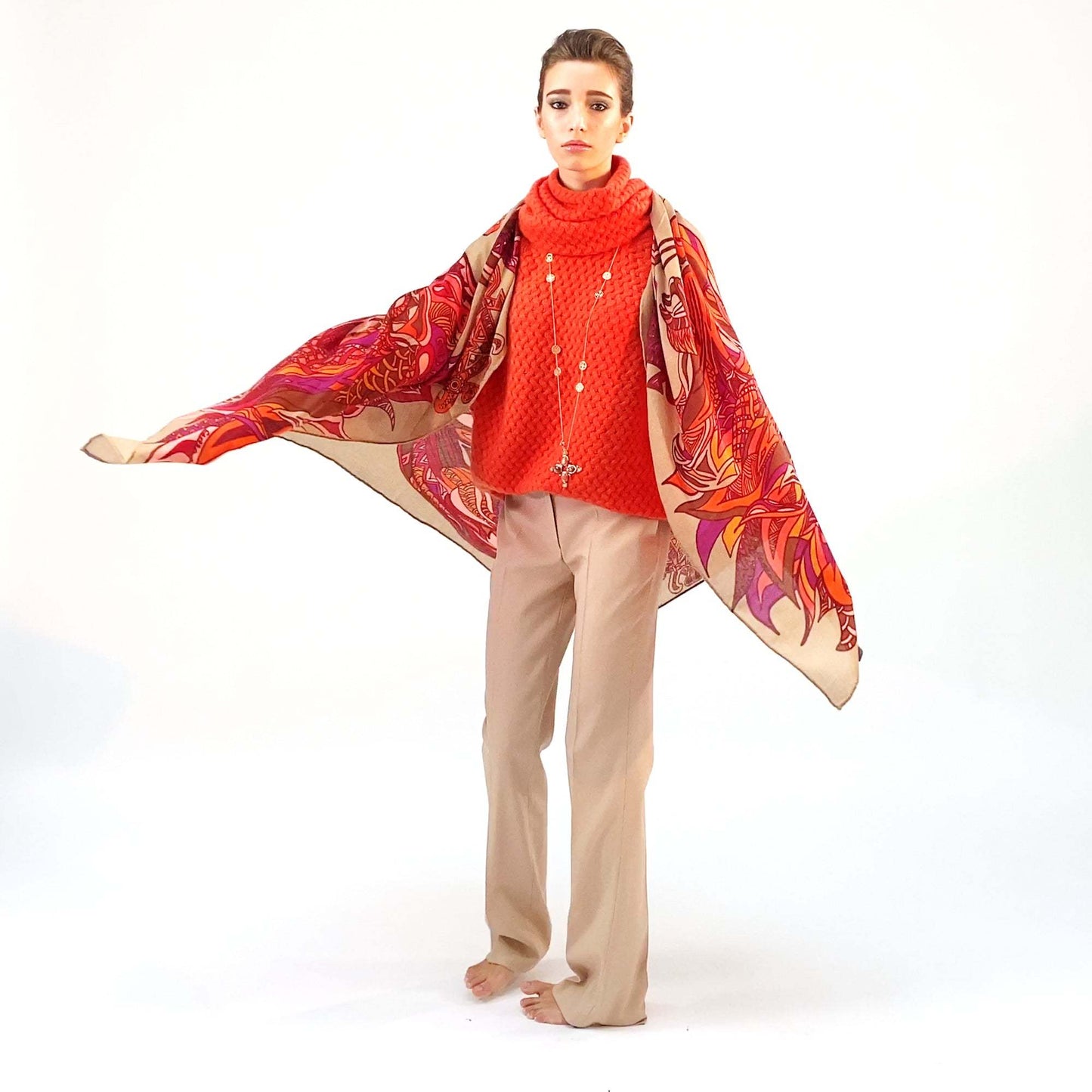 Carré Tuch, 100%  Kaschmir WILD LIFE,  150x150, Orange-Beige-pink, Limitiert