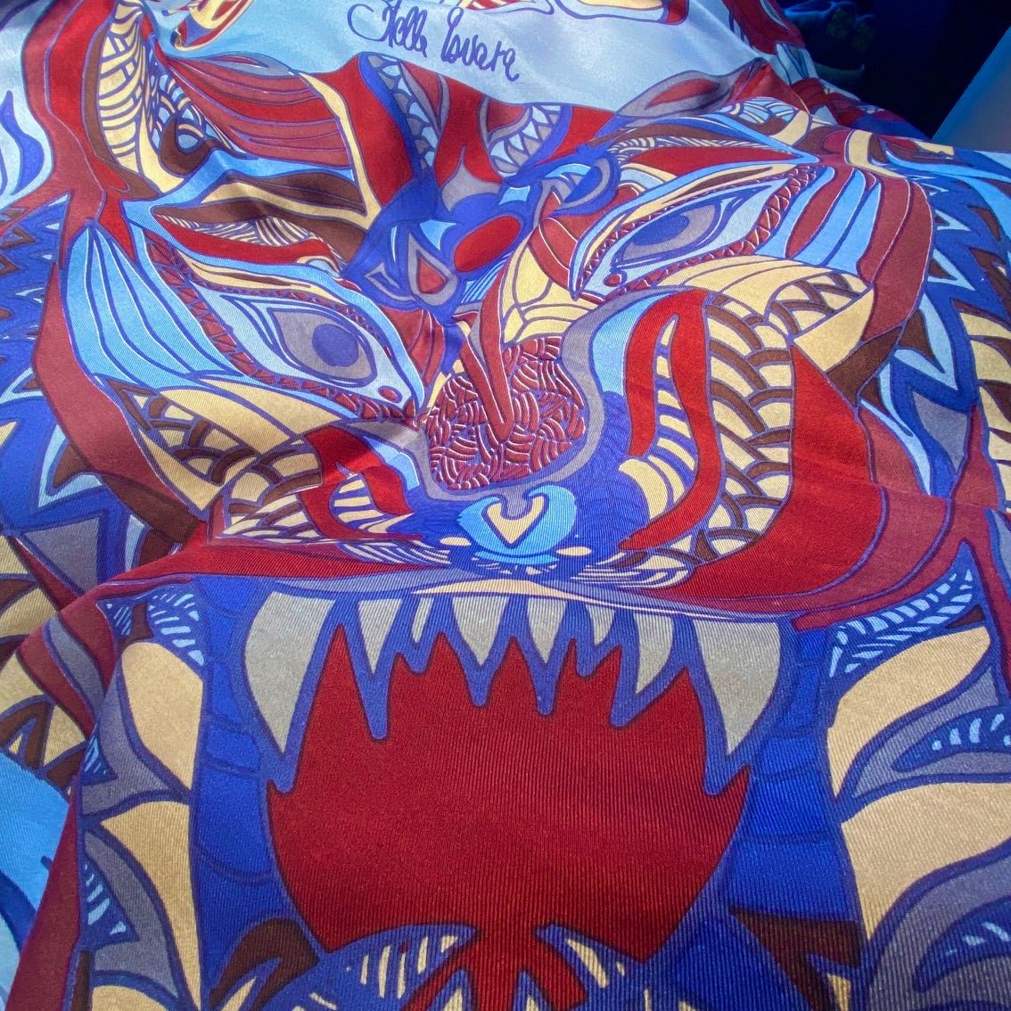 Tuch Doubleface Kaschmir % Seide WILD LIFE 150x150 Blau Beige Bordeaux