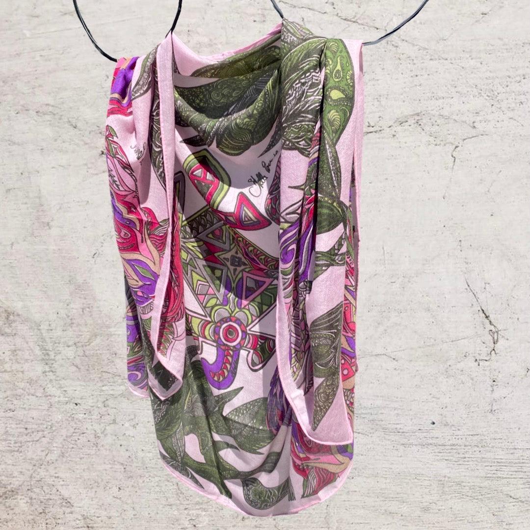 FLAMINGO GARDENS Changra Kaschmir Schal/Stola, Rosa & Grün, Limitierte Edition