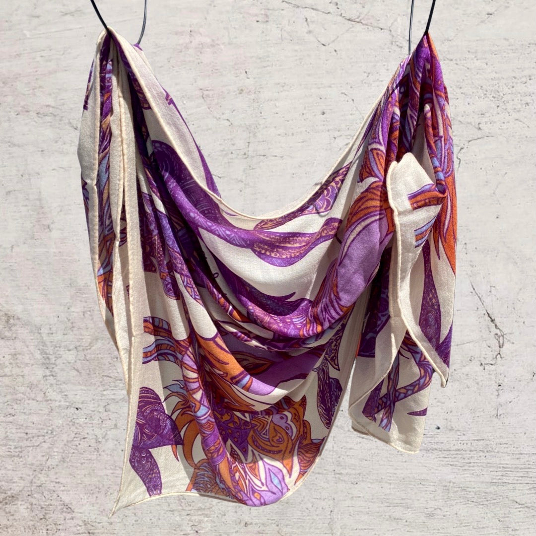 Kaschmir Schal - Stola - superfine AAA baby cashmere 140x200 „FLAMINGO GARDENS“ Limited Edition LILA & ORANGE