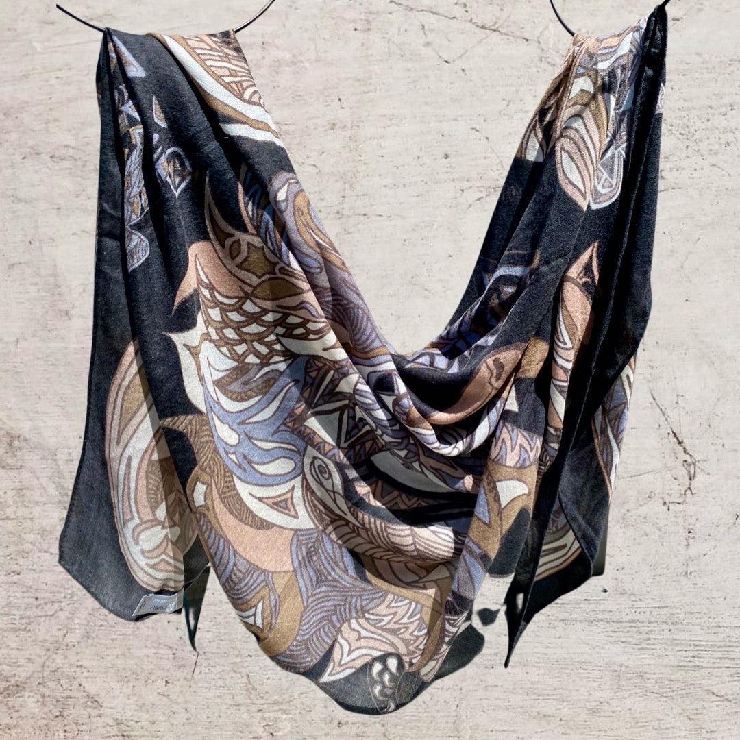 Tuch WILD LIFE Kaschmir, 150x150cm, Handgewebt, taupe&black, limitiert