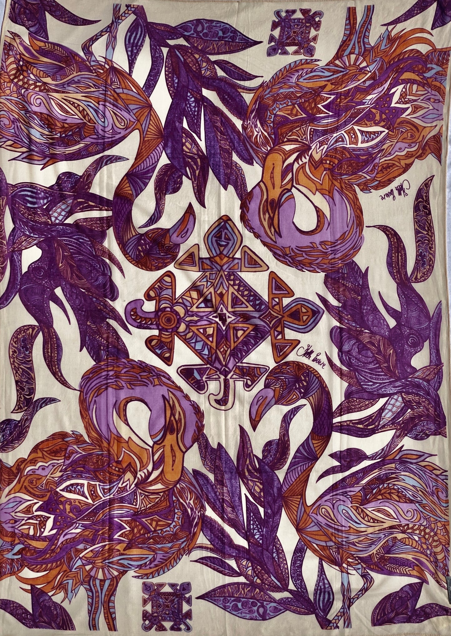 Kaschmir Schal - Stola - superfine AAA baby cashmere 140x200 „FLAMINGO GARDENS“ Limited Edition LILA & ORANGE