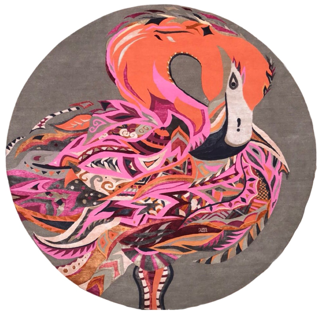Teppich Kunst Unikat FIRE FLAMINGO, 260x260 cm, Knüpfzeit ca. 270 Tage