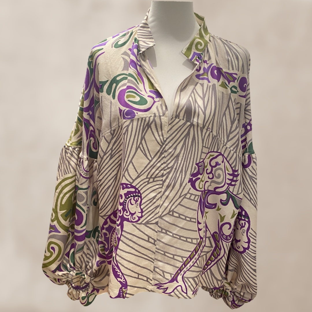 Bluse JUNGLE LOVE GREEN mit Ballon-Ärmeln Seide, Limited Stella Esvara