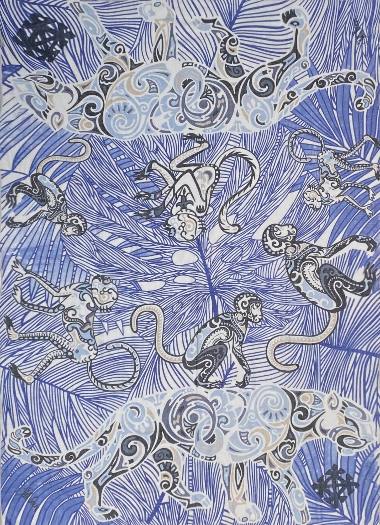 Kaschmir XL Schal BLUE JUNGLE, 140x200 cm, federleicht, Unikat, Motiv